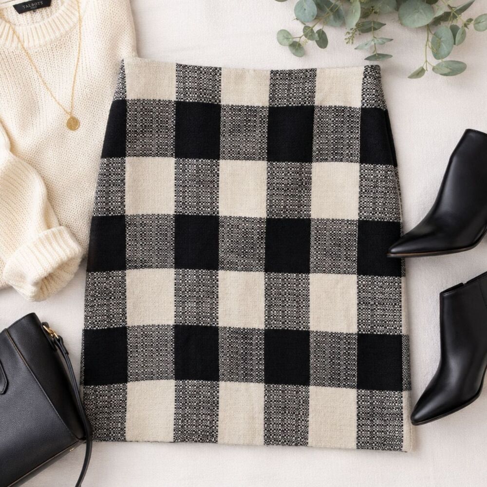 Talbots Size 10 Black White Buffalo Check Cotton A-Line Skirt Midi